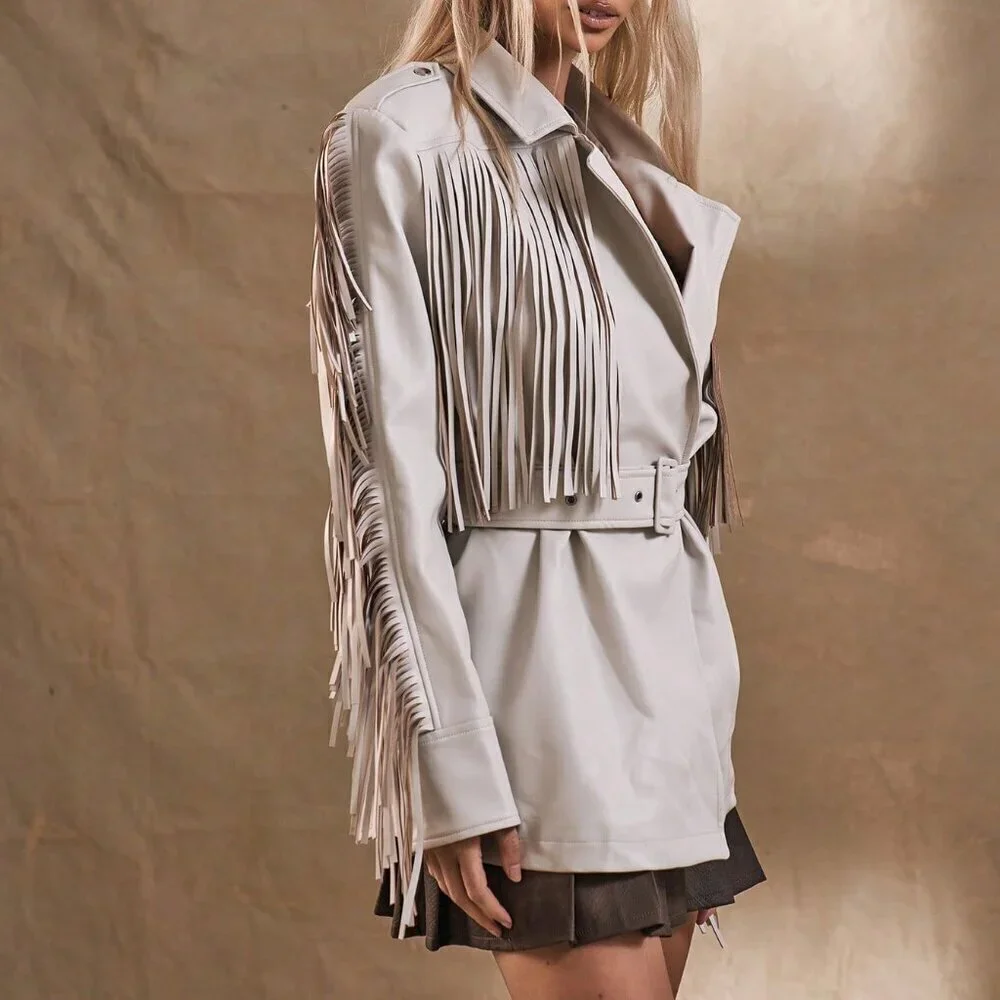 Beige Boho Women's Western Fringe Woven Fabric Jacket Coat - Picture 2 of 5